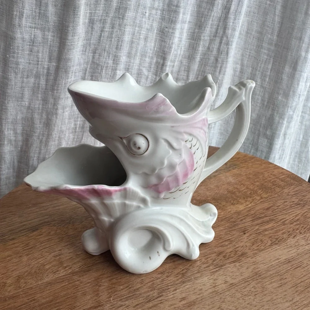Vintage Shaving Scuttle Mug White Pink Fish Grotesque Gold Trim Victorian
